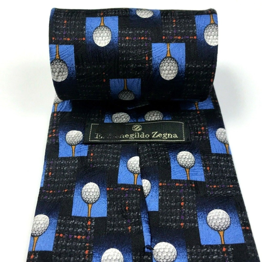 Ermenegildo Zegna Tie 100% Silk Golf Balls Black Blue Necktie Made in Italy